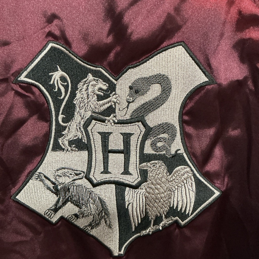 Harry Potter Hogwarts Embroidered Varsity Bomber Jacket Burgundy, Medium, Satin - Picture 7 of 12
